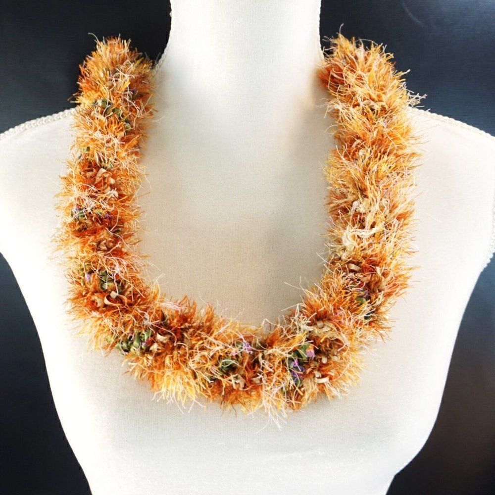 Hone Hone Honey Koa Lei Burnt Orange Eyelash Yarn Tie-Ribbon Faux Kukui Nut 23"